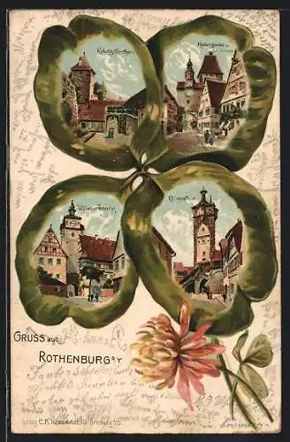 Passepartout-Lithographie Rothenburg / Tauber, Kobolzellerthor, Rodergasse, Weisserthurm & Klingenthor im Kleeblatt