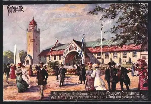Künstler-AK Regensburg, 50. jähr. Jubiläumsfeier und 18. Hauptversammlung des Bayer. Lehrervereins 1911, Festhalle