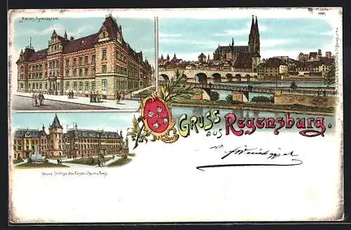 Lithographie Regensburg, neues Schloss, neues Gymnasium, Ortsansicht mit Kirche