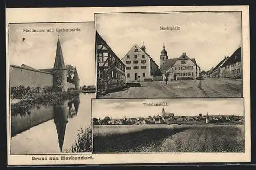 AK Merkendorf / Mfr., Stadtmauer & Grabenpartie, Marktplatz, Totalansicht