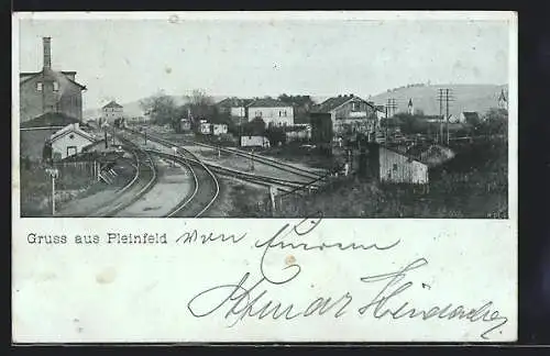 Mondschein-AK Pleinfeld, Teilansicht mit Bahngleisen