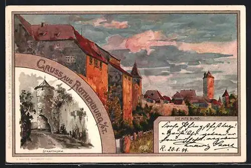 Lithographie Rothenburg o / d. T., Die Alte Burg, Strafturm