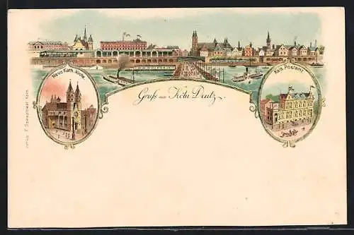Lithographie Köln-Deutz, Neue Kath. Kirche und Kais. Postamt