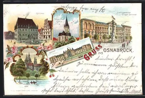 Lithographie Osnabrück, Rathaus, Catharinenkirche, Justizgebäude und Dom