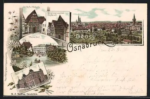Lithographie Osnabrück, Gesamtansicht, Gasthof z. Wallhalla, Kaiserhof & Post