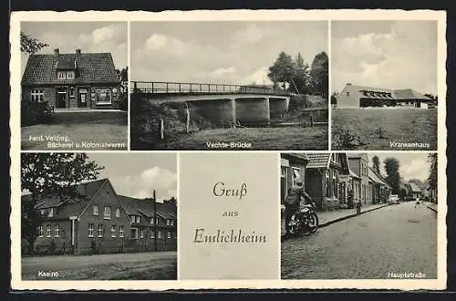 AK Emlichheim, Krankenhaus, Vechte-Brücke, Bäckerei u. Kolonialwaren Ferd. Velding und Kasino