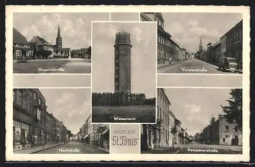 AK St. Tönis, Wasserturm, Vortserstrasse und Hospitalstrasse