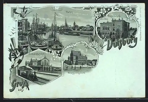 Lithographie Duisburg, Central-Bahnhof, Hafen, Töchterschule, Realgymnasium