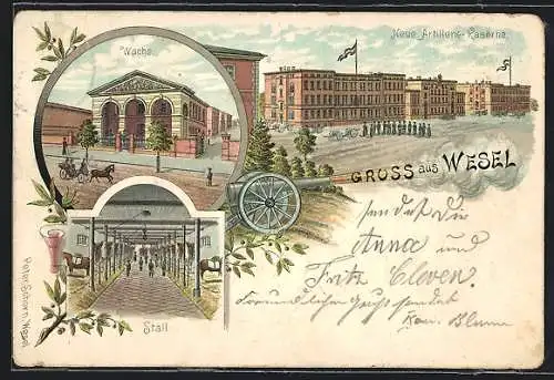 Lithographie Wesel / Rhein, Wache, Neue Artillerie-Kaserne und Stall