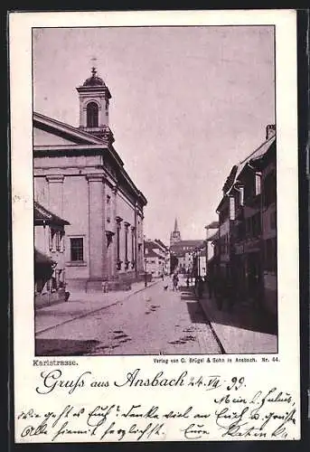 AK Ansbach / Mfr., Karlstrasse mit Kirche