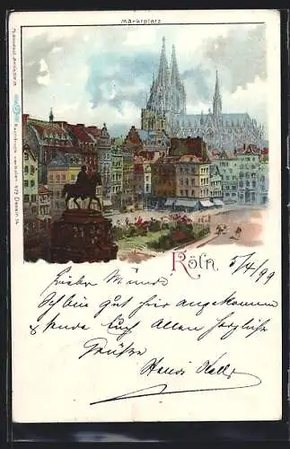 Lithographie Köln, Marktplatz mit Denkmal und Blick zum Kölner Dom