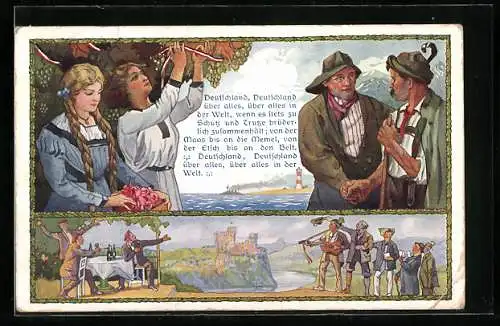 AK Deutschlandlied, Männer schütteln sich die Hand, Frauen schmücken Weinreben mit Reichsfarben-Bänder