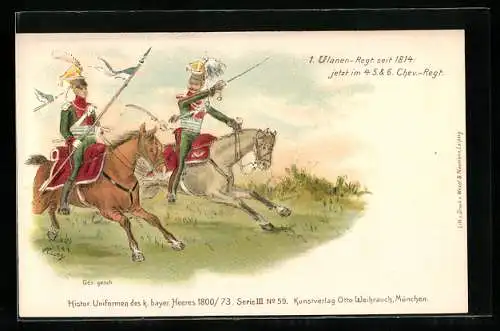 Lithographie 1. Ulanen-Regt. seit 1814: jetzt im 4., 5. & 6.Chev.-Regt., Reitersoldaten in historischen Uniformen