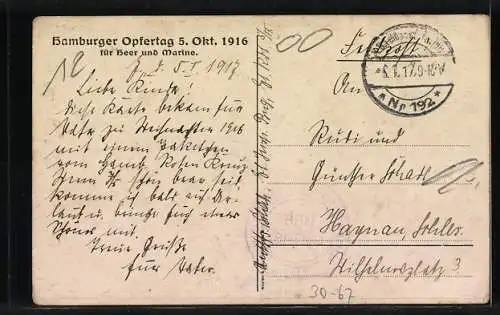 AK Heer-Soldat und Marine-Soldat, Es sage niemand: Ich habe schon gegeben, Hamburger Opfertag, 5.10.1916