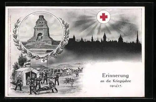 Künstler-AK Erinnerung an die Kriegsjahre 1914-16, Sanitäter des Roten Kreuz, Völkerschlachtdenkmal