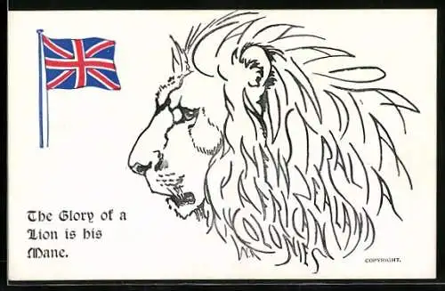 AK Löwenkopf und britische Flagge, The Glory of a Lion is his Mane, Propaganda Entente