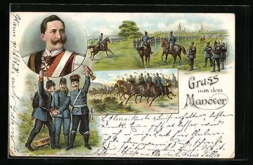Lithographie Kaisermanöver mit Porträt Kaiser Wilhelm II.
