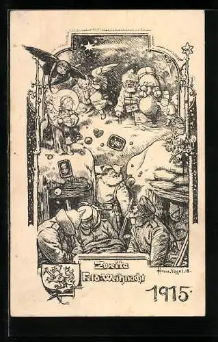 AK Weihnachtsmann beladen mit Geschenken auf den Weg zur zweiten Feldweihnacht 1915