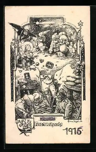 AK Weihnachtsmann beladen mit Geschenken auf den Weg zur zweiten Feldweihnacht 1915