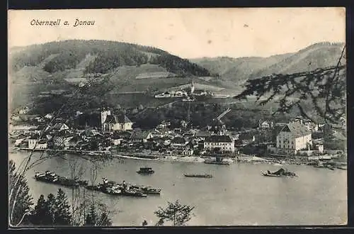 AK Obernzell a. Donau, Totalansicht mit Dampfern