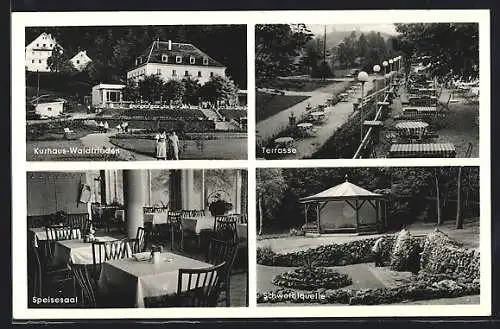 AK Bad Abbach a.D., Kurhaus Waldfrieden mit Terrasse, Schwefelquell und Speisesaal