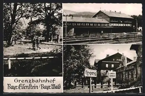 AK Bayr. Eisenstein /Bayr. Wald, Grenzbahnhof, Landesgrenze, Ortspartie mit Soldaten