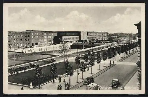 AK Duisburg, Hauptbahnhof mit Strassenpartie und Autos