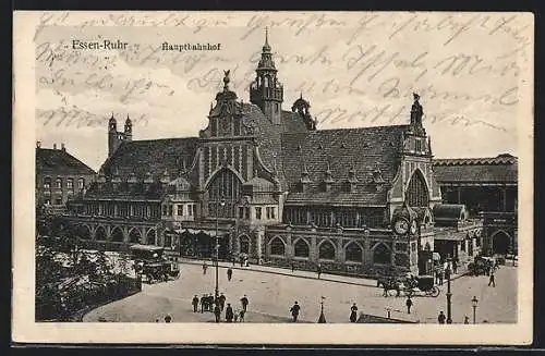 AK Essen /Ruhr, Hauptbahnhof mit Pferdekutschen und Passanten
