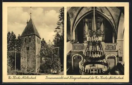 AK Müllenbach / Marienheide, Ev. Kirche, Innenansicht mit Kriegerehrenmal