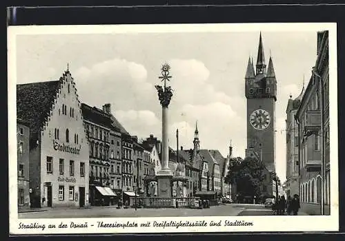 AK Straubing /Donau, Theresienplatz mit Dreifaltigkeitssäule und Stadtturm