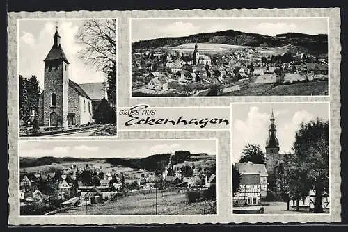 AK Eckenhagen, Ortsansichten, Ortspartie mit Kirche
