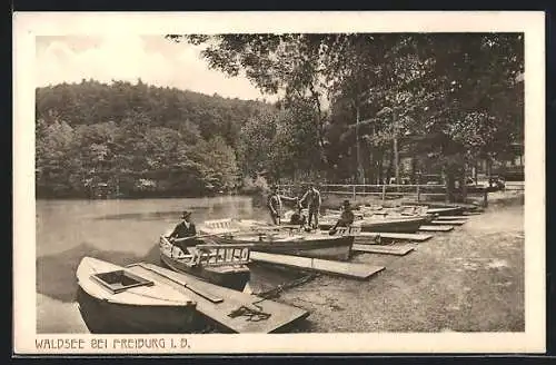 AK Freiburg i. B., Waldsee, Uferpartie mit Booten