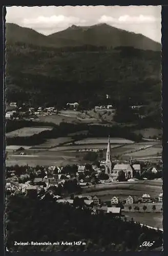 AK Zwiesel-Rabenstein, Ortsansicht mit Arber aus der Vogelschau