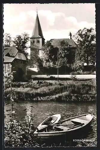 AK Rosbach /Sieg, Flusspartie mit Kirche
