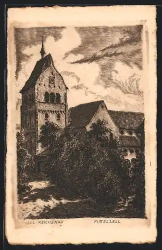Künstler-AK Reichenau-Mittelzell, Ortspartie mit Kirche