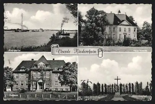 AK Voerde Niederrhein, Ortspartie, Rathaus, Rheinpartie, Ehrenfriedhof