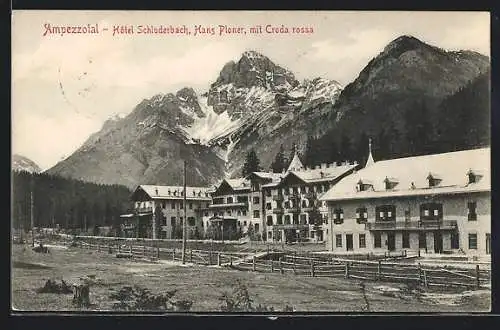 AK Schluderbach / Ampezzotal, Hôtel Schluderbach mit Croda Rossa im Hintergrund
