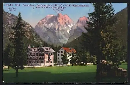 AK Schluderbach /Tirol, Hotel Sigmundsbrunn g. Mte. Piano und Cadinigruppe