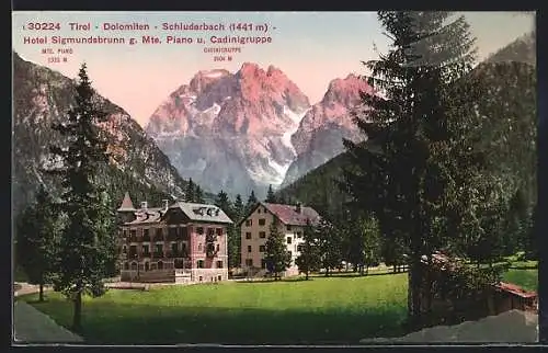 AK Schluderbach, Hotel Sigmundsbrunn gegen Mte. Piano und Cadinigruppe