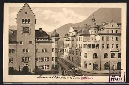 AK Bozen, Museum, Sparkasse und Strassenbahn
