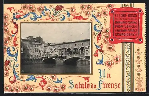 AK Firenze, Flusspartie mit Brücke und verziertem Goldrahmen