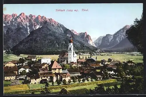 AK Toblach, Ortsansicht mit Kirche und Bergen