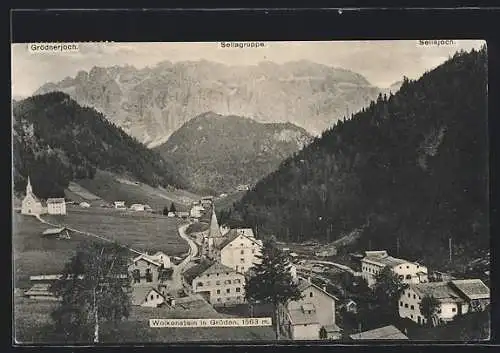 AK Wolkenstein in Gröden, Teilansicht mit Sellagruppe aus der Vogelschau