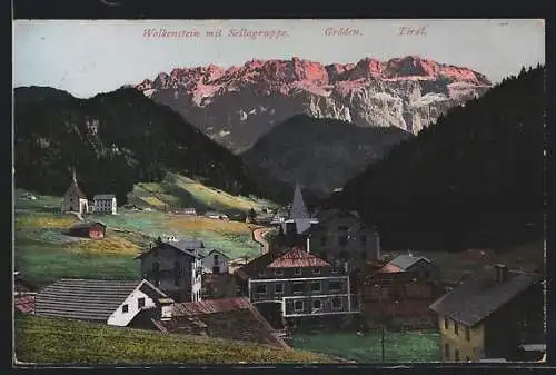 AK Wolkenstein in Gröden, Ortsansicht mit glühender Sellagruppe