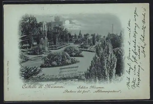 Mondschein-AK Triest, Schloss Miramar mit Anlagen