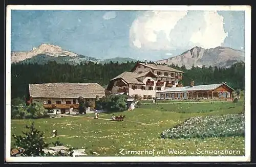 Künstler-AK Radein, Gasthaus Zirmerhof mit Weiss- und Schwarzhorn