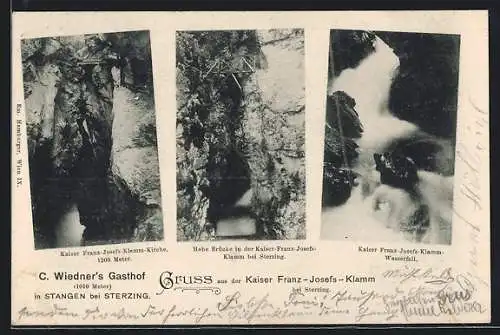 AK Sterzing, Kaiser Franz Josefs-Klamm, Kirche, Wasserfall, Hohe Brücke
