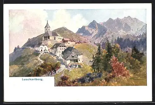 Künstler-AK Tarvis, Luschariberg mit Umgebung und Bergspitzen