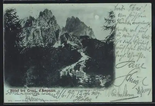 Mondschein-AK Cortina d`Ampezzo, Hotel tre Croci d`Ampezzo Josef Menardi