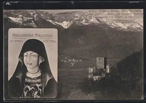 AK Terlan /Bozen, Portrait Margaretha Maultasch, Ortsansicht mit Turm aus der Vogelschau